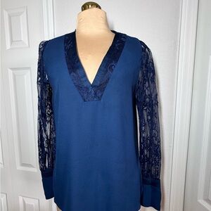 Express Navy V-Neck Blouse with Lace Sleeves